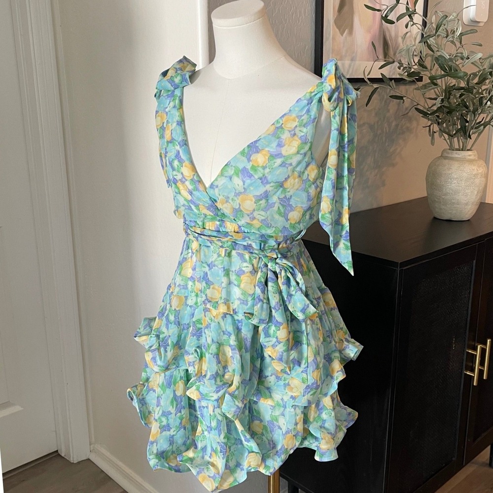 Lilly's Kloset Floral Tiered Mini Dress Women Small Blue Yellow Tie Shoulder